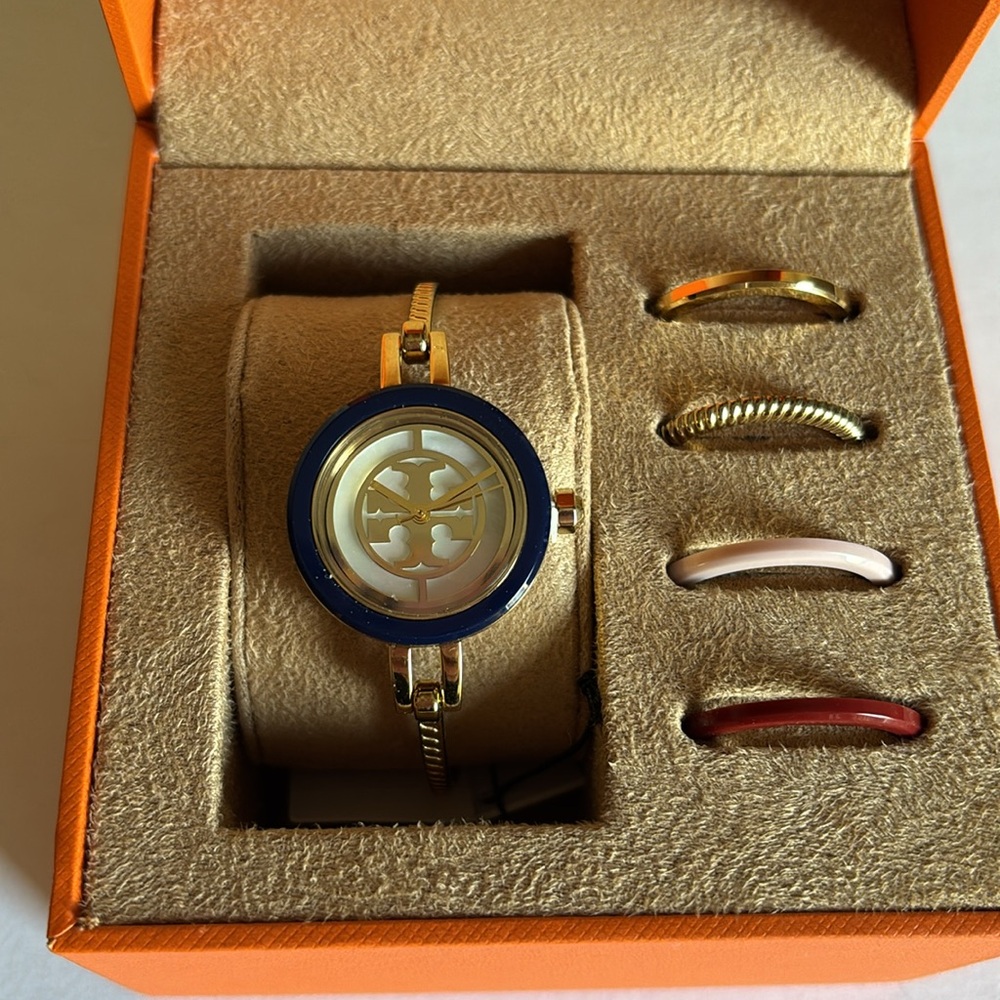Tory Burch Reva Gold-Tone Stainless Steel Bangle Bracelet Watch 27mm Gift Set - Picture 6 of 13